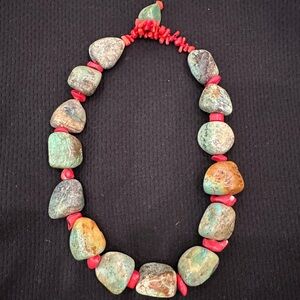 Large Turquoise and Red Coral Gemstone Necklace